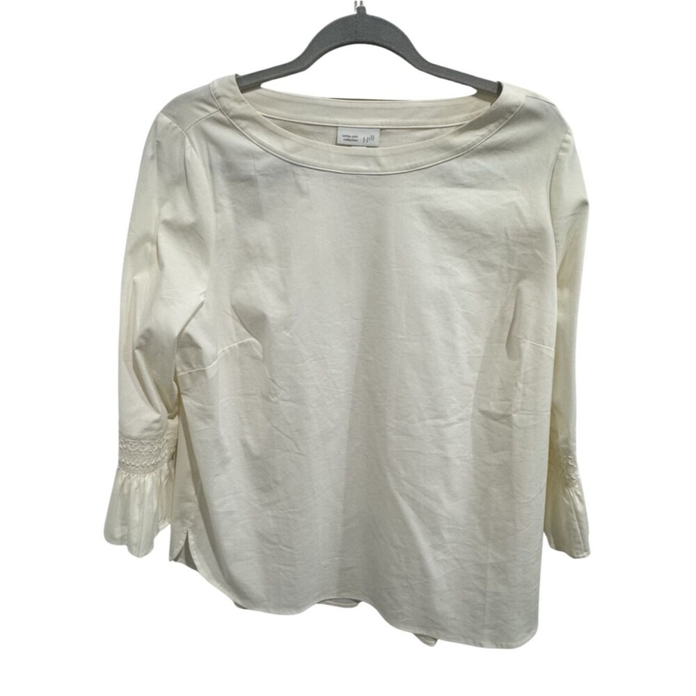 J.Jill White Bell Sleeve Top Smocked Cuff Boat Neck Stretch Blouse NWOT Women